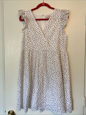 LOFT White Embroidered Dress with Black Floral Print and Ruffle Sleeves